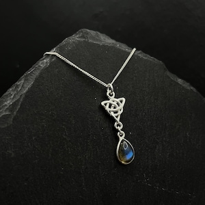Blue Labradorite Necklace Celtic Trinity Knot Sterling Silver Scottish Jewelry. Celtic Necklace Witch Jewelry. Pagan Pendant Summer Jewelry