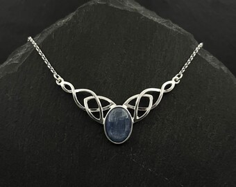Kyanite Necklace Celtic Trinity Knot Sterling Silver Elven Jewelry Scottish Gifts. Pagan Necklace Witch Jewelry Bride Gift. Summer Jewelry