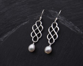 Celtic Love Knot Pearl Earrings Sterling Silver Celtic Earrings Outlander Jewelry Wedding Gifts. Chandelier Earrings June Birthstone Jewelry