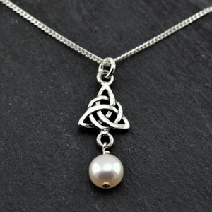 White Freshwater Pearl Celtic Scottish Trinity Knot Sterling Silver Necklace. Wedding Gift for Her. June Birthstone. Inspired by Scotland