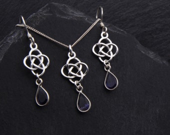 Celtic Iolite Jewelry Set Sterling Silver Water Sapphire Necklace Viking Earrings. Scottish Bridal Jewelry Set September Birthday Gift