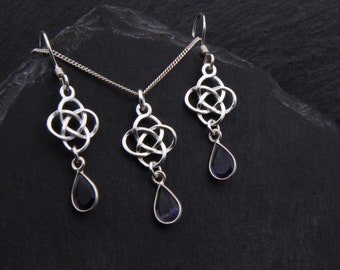 Celtic Iolite Jewelry Set Sterling Silver Water Sapphire Necklace Viking Earrings. Gemstone September Birthstone Jewelry Bridal Jewelry Set