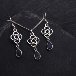 Celtic Iolite Jewelry Set Sterling Silver Water Sapphire Necklace Viking Earrings. Scottish Bridal Jewelry Set September Birthday Gift
