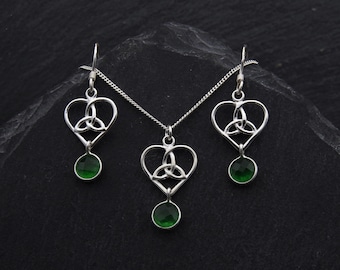 Celtic Bridal Jewelry Set Sterling Silver Celtic Jewelry. Emerald Green Jade Earrings Trinity Heart Necklace Outlander Jewelry Irish Gifts