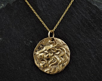 Bronze Lion Head Coin Pendant Fantasy Jewelry Gold Vermeil Roaring  Lion Necklace Heraldic Symbol Medieval Pendant Scottish Jewelry