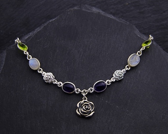 White Rose of Scotland Necklace Sterling Silver Moonstone Jewelry. Suffragette Necklace Feminist Gifts. Amethyst Necklace Peridot Jewelry