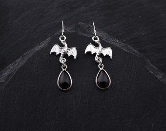 Dancing Dragons Earrings Sterling Silver Black Onyx Earrings OR Red Garnet Earrings Gothic Jewelry. Dragon Jewelry January Birthstone