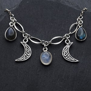 Celtic Triple Moon Moonstone Necklace Sterling Silver Labradorite Jewelry. Moon Necklace Witch Jewelry. June Birthstone Moon Goddess jewelry