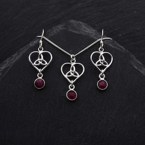 Celtic Bridal Jewelry Set Sterling Silver Ruby Earrings Celtic Jewelry. Trinity Heart Necklace Outlander Jewelry Scottish Gifts. Birthstone