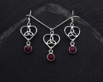 Celtic Bridal Jewelry Set Sterling Silver Ruby Earrings Celtic Jewelry. Trinity Heart Necklace Outlander Jewelry Scottish Gifts. Birthstone