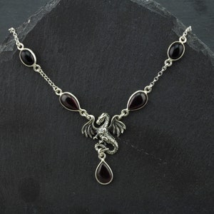 Dragon Necklace Sterling Silver Garnet Necklace Black Onyx Jewelry. Fantasy Necklace Medieval Jewelry. Goth Necklace Dragon Jewelry Gift