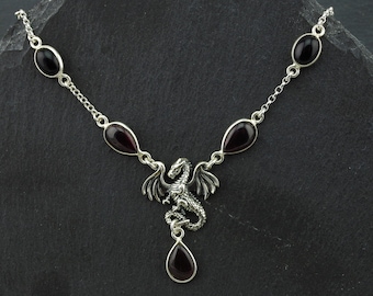 Dragon Necklace Sterling Silver Garnet Necklace Black Onyx Jewelry. Fantasy Necklace Medieval Jewelry. Goth Necklace Dragon Jewelry Gift