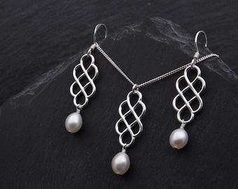 Sterling Silver Celtic Love Knot Pearl Jewelry Set, Scottish Bridal Jewelry