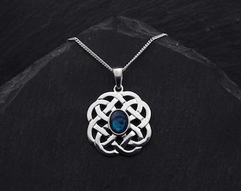 Collar con nudo celta de plata de ley: abulón azul, joyería escocesa