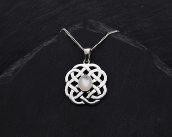 Celtic Mother of Pearl Necklace - Sterling Silver Elven Pendant for Outlander fans - Scottish Pendant Celtic Wedding Jewelry Gift for Brides