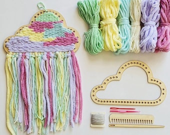 Zestaw do powieszenia na ścianie Crafty Boho Cloud | Cloud Loom in a Box | Zestaw do rękodzieła Cloud Dreamcatcher | Dekoracja pokoju dziecięcego w stylu boho | Prezent dla dziewczynki Frame Loom Lap