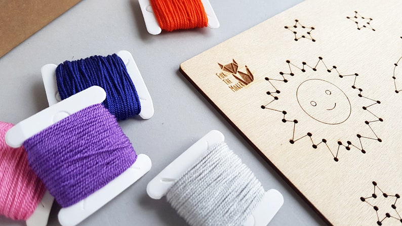 Rocket ship wooden sewing card for boys; children learning to sew with needle; wooden sewing kit for kids
