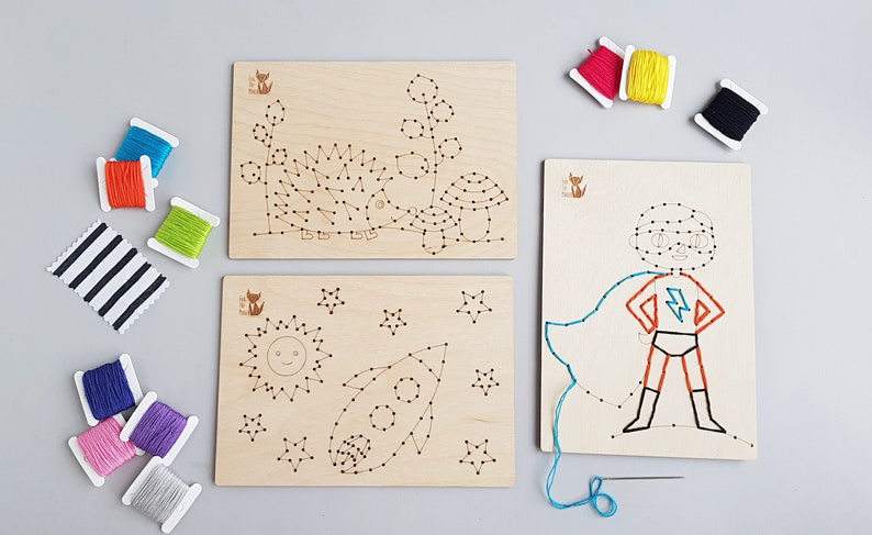 Rocket ship wooden sewing card for boys; children learning to sew with needle; wooden sewing kit for kids