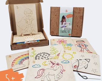 Kids sewing kit for boys and girls. Preschool sewing kits for children. Craft kits for kids. Wooden sewing cards for kids to learn to sew.