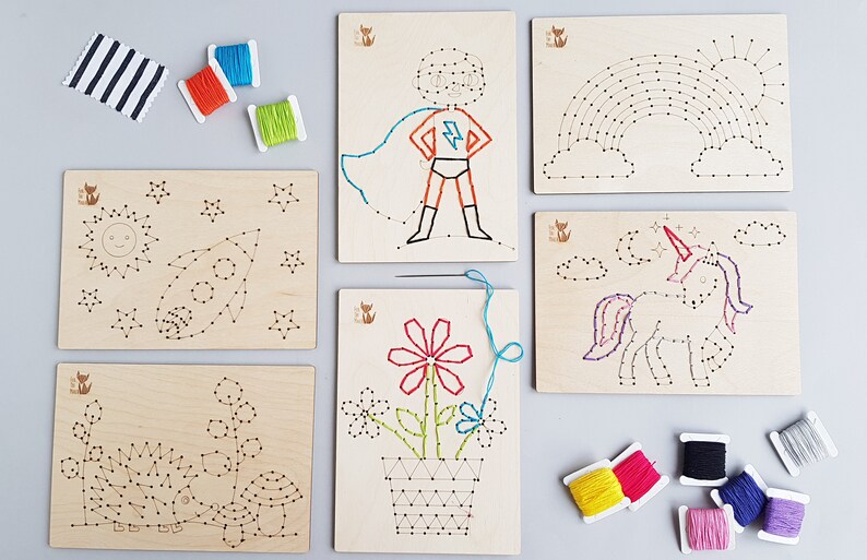 Rocket ship wooden sewing card for boys; children learning to sew with needle; wooden sewing kit for kids
