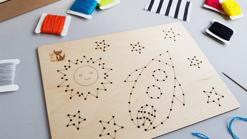 Rocket ship wooden sewing card for boys; children learning to sew with needle; wooden sewing kit for kids