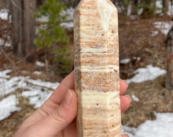 Large Pork Calcite Tower: Tri-Color Crystal Obelisk (6.75")
