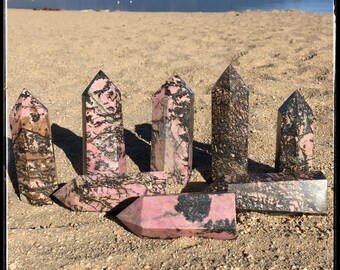 Rhodonite tower, X large crystals, pink stone wand, rhodonite towers, sallysgemtreasures