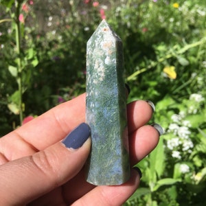 Moss Agate Tower, crystal, obelisk, stone wand, agate, rocks and minerals, sallysgemtreasures