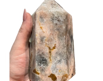 XL Peach moonstone tower, huge crystal