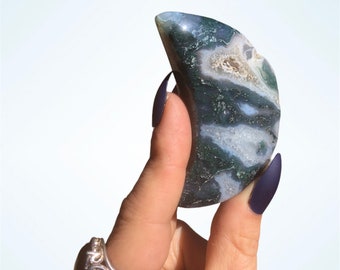 Moss agate moon, celestial crystals, healing crystals, moon shaped rocks