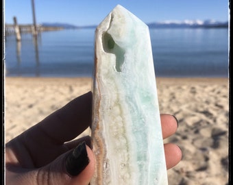 Aragonite tower, Pistachio calcite obelisk, rocks and minerals, unique blue specimen, Sallysgemtreasures