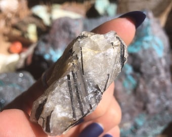 Black Tourmaline in quartz chunk, tourmalated quartz, crystal specimen, rocks and minerals