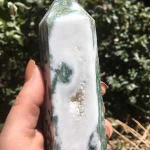 Moss Agate Tower, large crystal tower, polished crystal towers