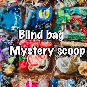 May include: A collection of clear plastic bags filled with assorted small toys, trinkets, and miniature items, labeled Blind bag Mystery scoop. The assortment includes colorful plastic figures, charms, and various small objects visible through the packaging.