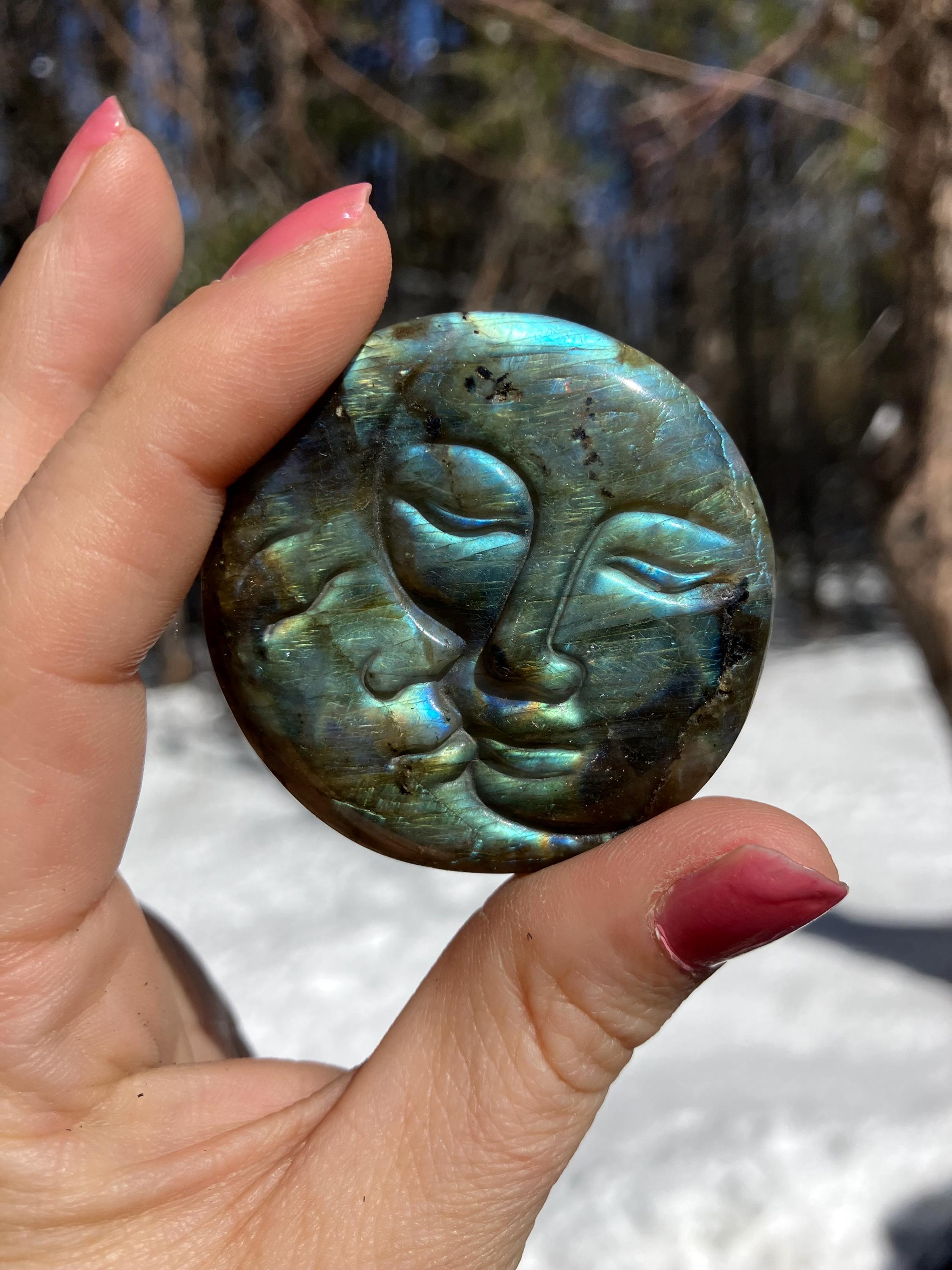 Celestial sun and moon, rainbow labradorite, carved stone, sallysgemtreasures