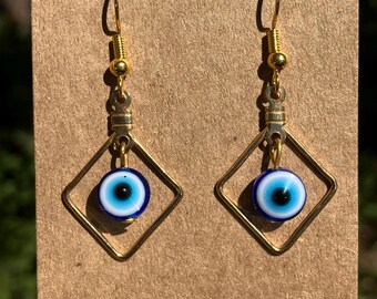 Handmade Gold Tone Evil Eye Earrings: Diamond Shape Dangle
