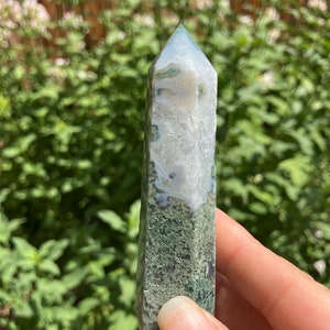 Moss Agate Tower, crystal, obelisk, stone wand, agate, rocks and minerals, sallysgemtreasures