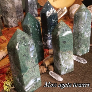 Moss Agate Towers, crystal, obelisk, stone wand, agate, rocks and minerals, sallysgemtreasures