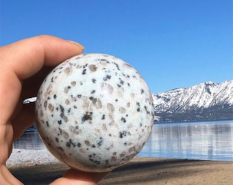 Kiwi jasper sphere, large crystals, crystal ball