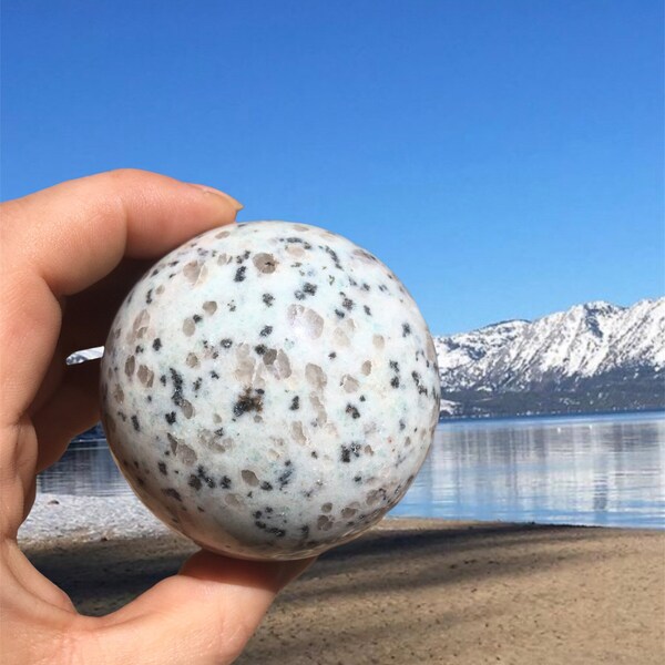 Kiwi jasper sphere, large crystals, crystal ball