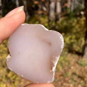 May include: A light purple, irregularly shaped stone with a smooth surface. The stone is held between fingers, showcasing its natural form and color variations. The background is blurred, suggesting an outdoor setting.