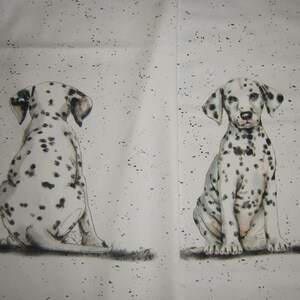 May include: Two watercolor paintings of Dalmatian puppies. One puppy is facing away, showing its spotted back. The other puppy is facing forward, with its head turned slightly towards the viewer. Both puppies are sitting on a light gray background with black speckles.