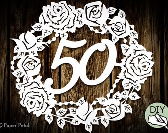 50th Birthday Papercut Template Wreath Commercial License PDF PNG SVG file - digital download