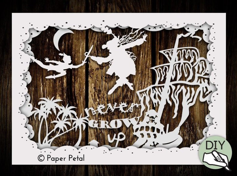 Papercut Peter Pan Shadowbox Template PDF PNG for handcutting & SVG file for Silhouette Cameo or Cricut digital download image 1