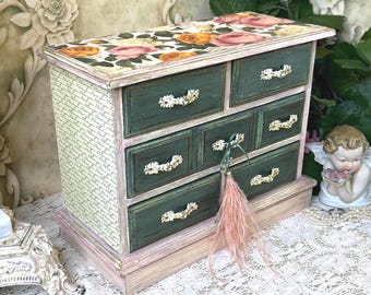 Vintage Jewelry Music Box with Drawers,  Solid Wood Chest,  I Love You Gift, One of a Kind, Shabby Country Chic,