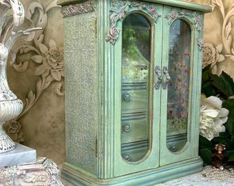 Elegant Jewelry Armoire, Green Chain Ring Holder, Solid Wood Drawers, one of a Kind Gift for Woman