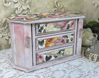 Vintage Pink Musical Jewelry Box with drawers, Solid wood chest Dainty and Feminine,  Anniversary, Mother's Day Gift, One of a Kind Armoire