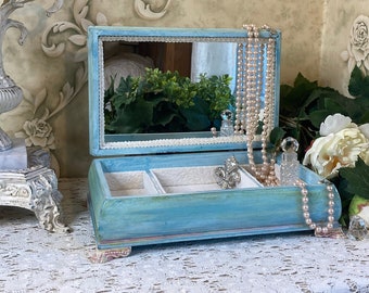 Blue Jewelry Box, Pink Floral , hand painted, solid wood chest with Mirror, gift for Woman Teen Girl