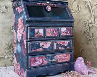 Vintage Blue Pink Jewelry Chest with drawers,  Hand painted Floral, Shabby French Cottage Chic, Anniversary  One of a KInd gift for woman