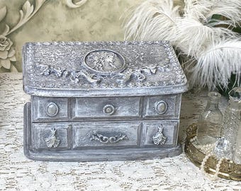 Vintage Jewelry Box for women, Hand Painted, Neutral Gray, Black Velvet, Mirror Cameo,  Romantic Gift